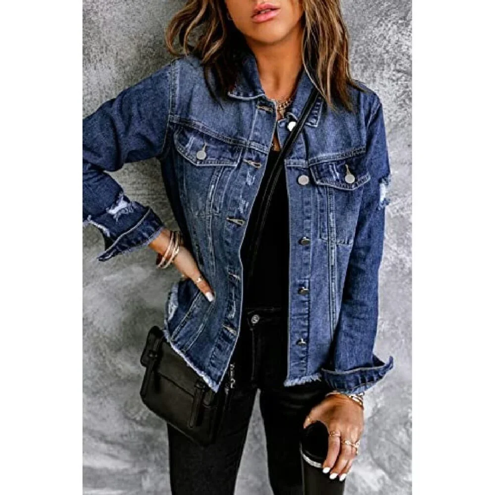 Distressed Denim Jacket Boyfriend Fit Cotton Blend Long Sleeve Button Up